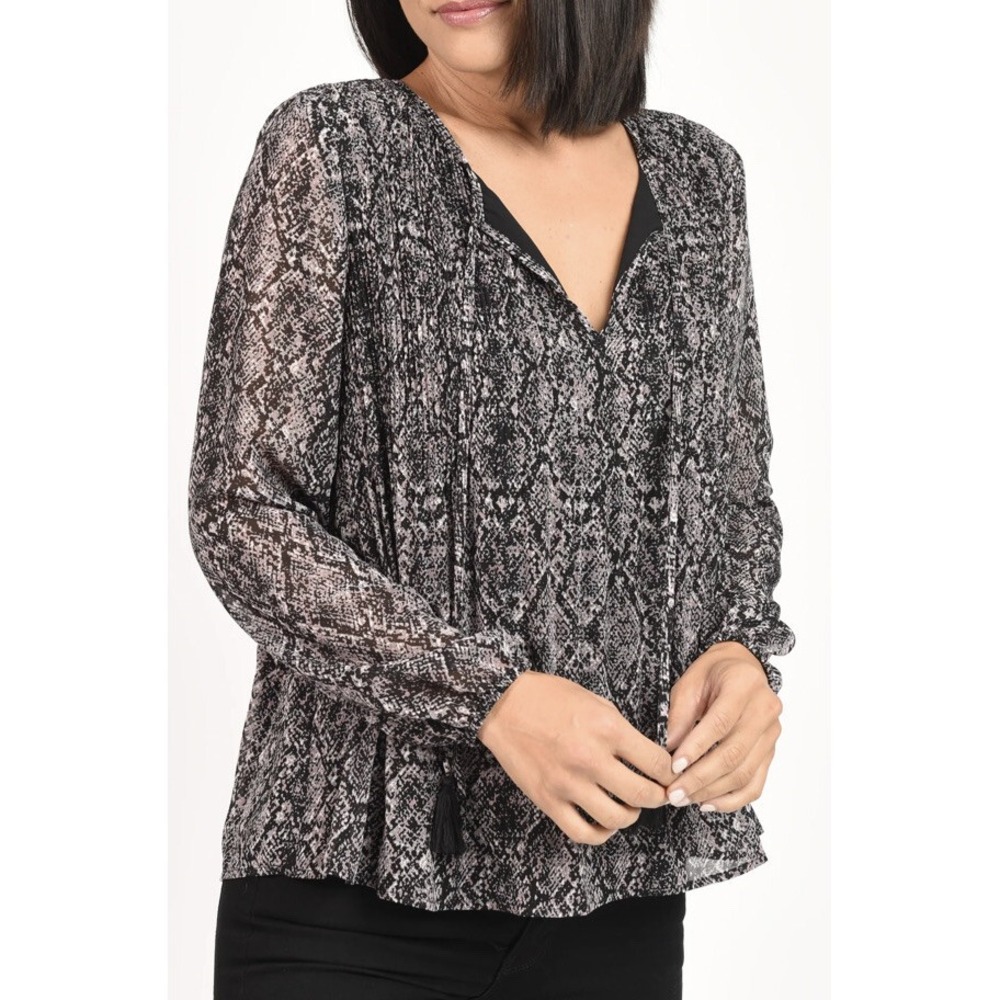 Dr2 Women S Gray Purple Black Snake Print Long Sleeve Peasant Blouse Tassel Tie